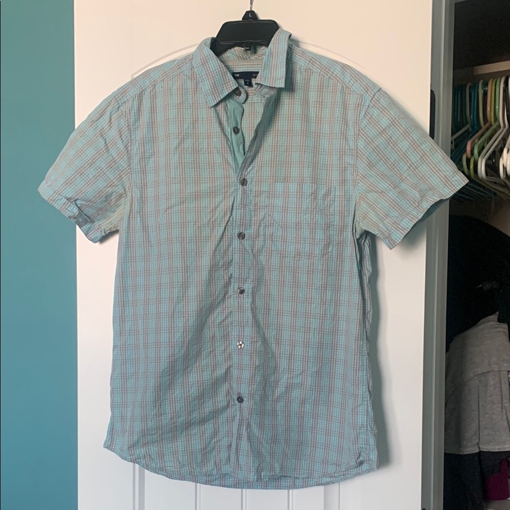 Gap Men’s Slim Fit short sleeve button down M medium blue gray check plaid